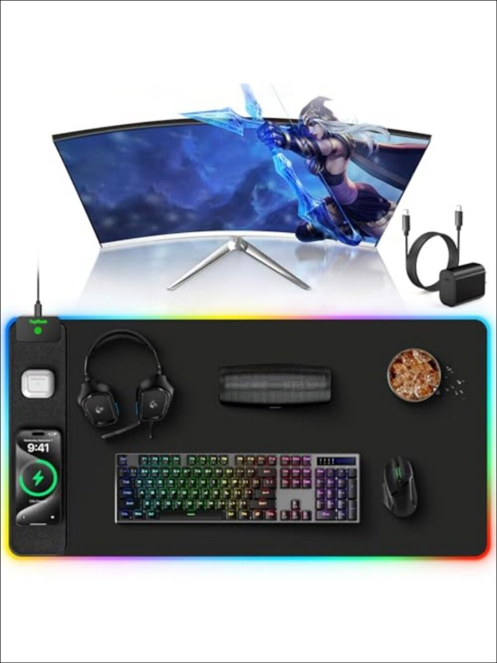 5-in-1 RGB Gaming Mouse Pad Wireless Charging XXL Desk Mat Non-Slip